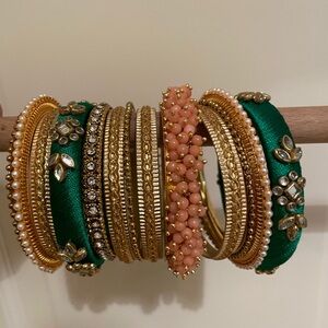 Elegant Green and Gold Bangle Set